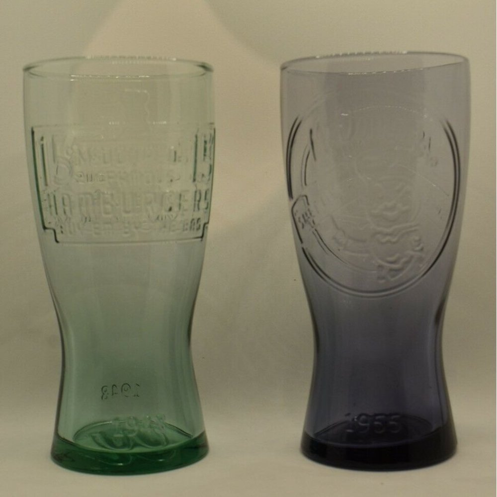 McDonalds Glasses - Purple 1948 And Blue 1955 Excellent Condition No Chip/Cracks